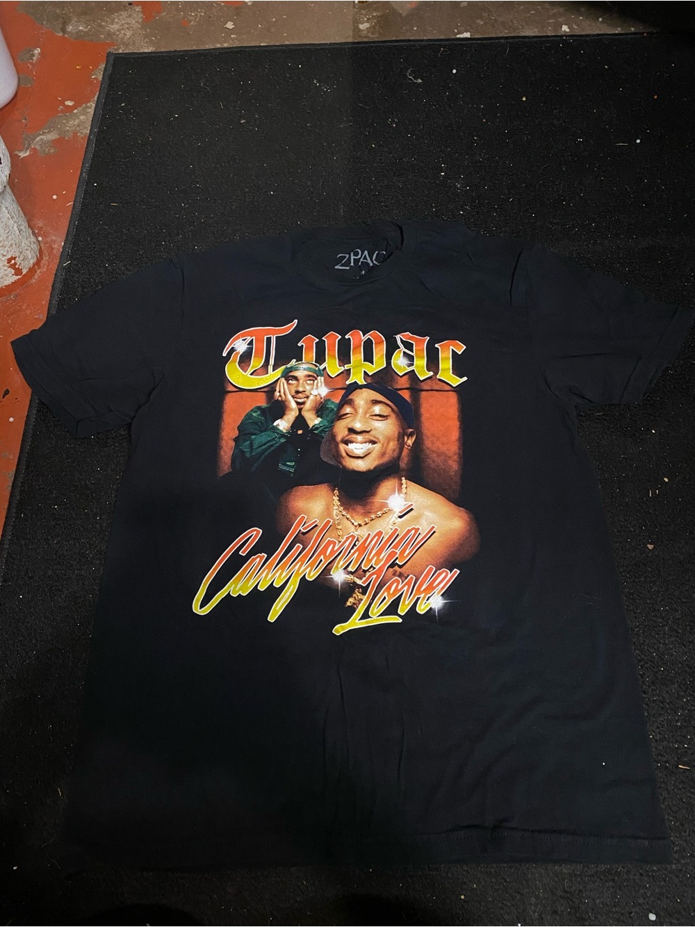 Bravado Black Tupac California Love Graphic Tee with Yellow & Orange Accents